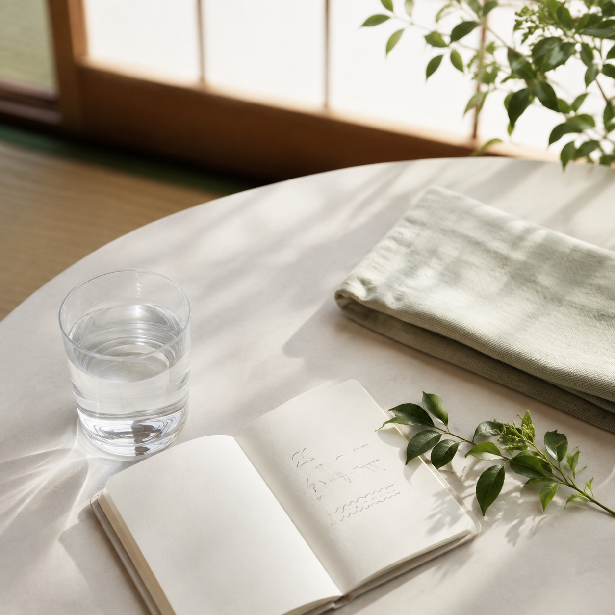 柔らかな光の中、思いを書き留めるノートと緑のある机